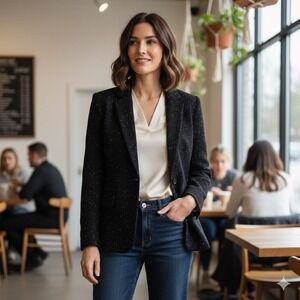 Lafayette 148 New York Jacket Blazer Lightweight Wool Black Speckled 4P Petite